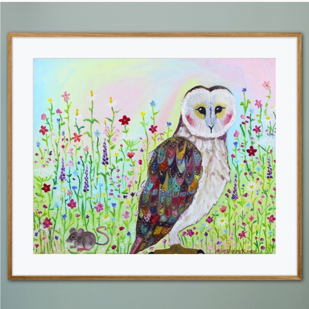 Barn Owl Hunts Prairie Art Print of Oil Painting Mouse Flowers Nature Home Decor
